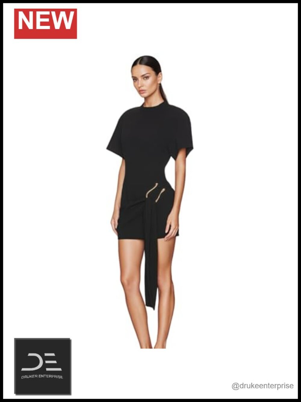 Metal Buckle Ribbon Mini Dress Shoulder Pads Short Sleeve Bodycon